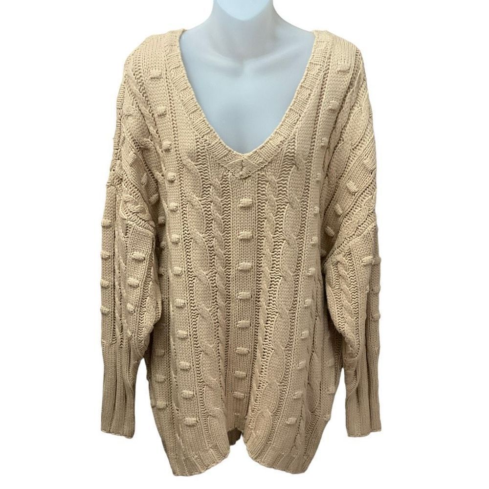 AFRM Sweater Tunic Chunky Cable Knit V Neck Tan Sand Boston Long Oversized XS/S